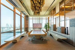 conference room with paper tubes light installation